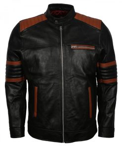 Brown Stripes Quilted Men's Black Leather Jacket