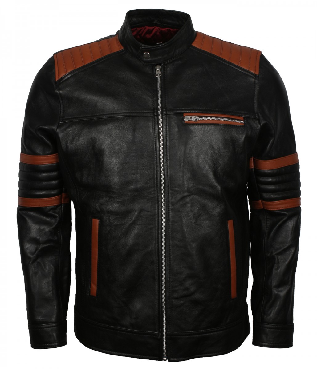 Brown Stripes Quilted Men's Black Leather Jacket - Stinson Leathers