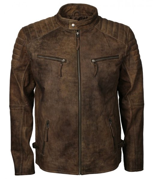 Mens Quilted Brown Distressed Leather Jacket