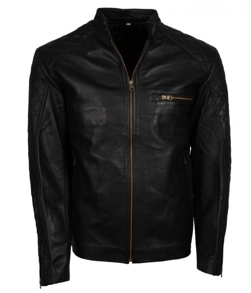 Quilted Sleeves Black Leather Jacket