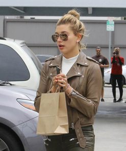 Hailey Bieber Brown Leather Jacket