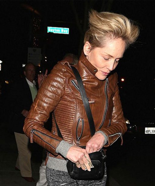 Sharon Stone Brown Leather Jacket