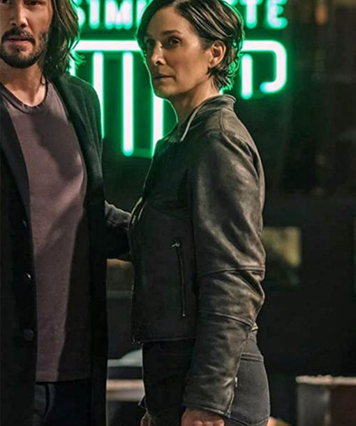 The Matrix Resurrections Carrie Anne Moss Black Leather Jacket