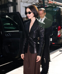 Lily Collins Leather Blazer